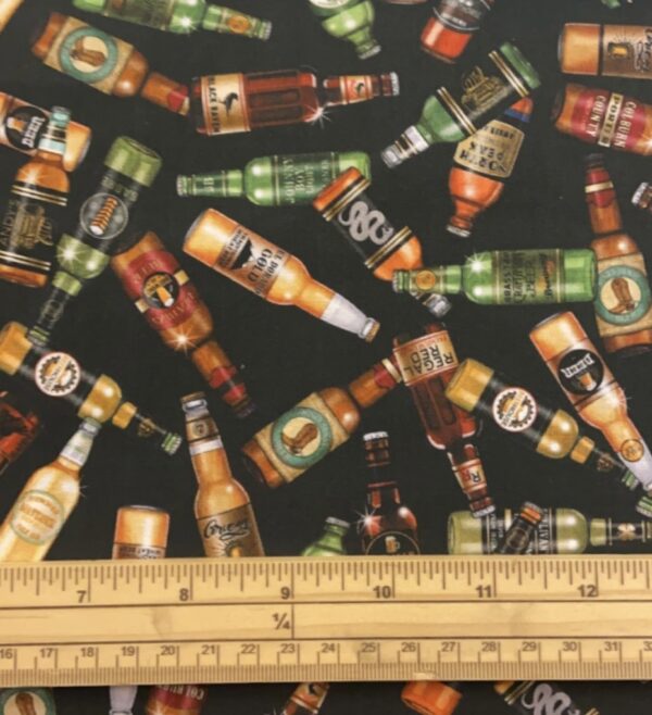 Fat Quarter On Tap Beer Bottles Allover On Black 100% Cotton Quilting Fabric