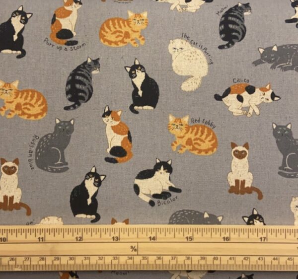 Fat Quarter Shimao Cats Allover On Grey Cotton Linen Fabric