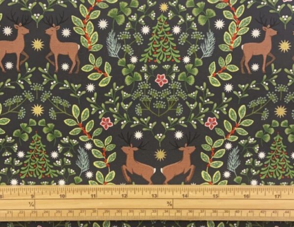 Fat Quarter Christmas Noel Deer And Greenery On Black 100% Cotton Quilting Fabric