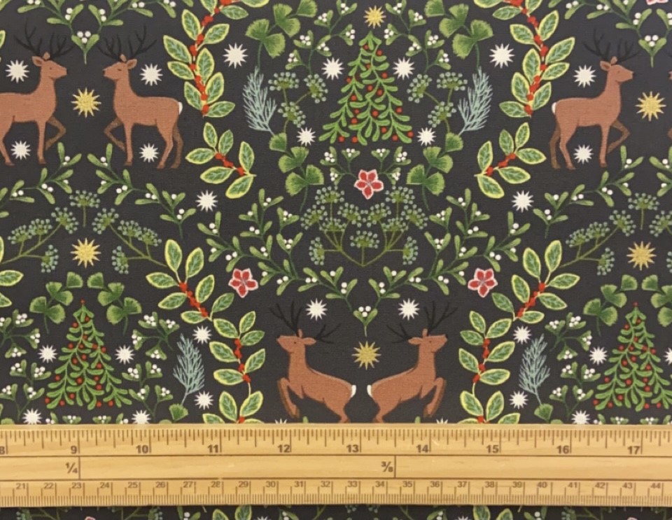 Fat Quarter Christmas Noel Deer And Greenery On Black 100% Cotton Quilting Fabric