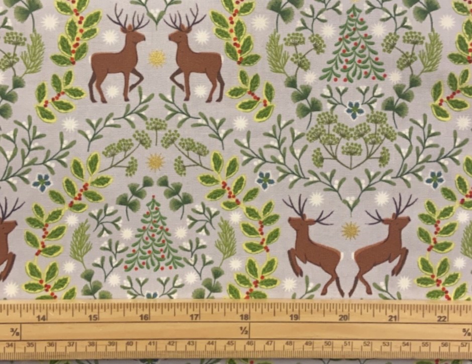 Fat Quarter Christmas Noel Deer And Greenery On Grey 100% Cotton Quilting Fabric