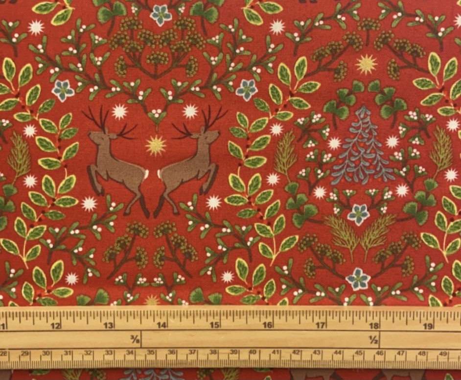 Fat Quarter Christmas Noel Deer And Greenery On Red 100% Cotton Quilting Fabric