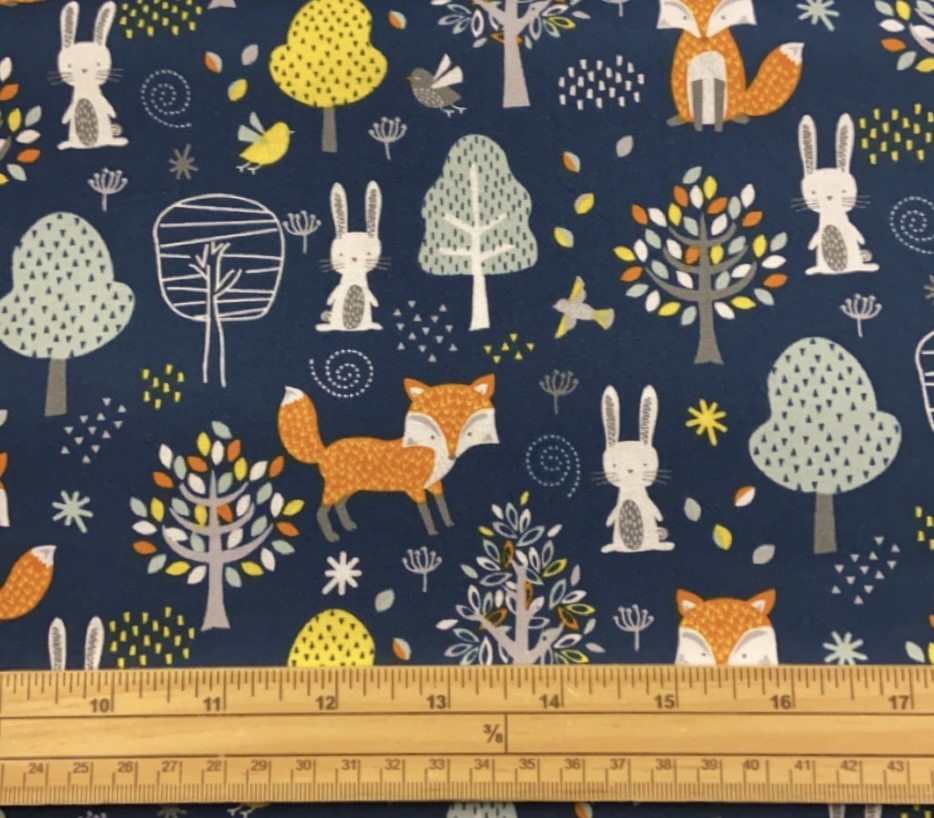 Fat Quarter Woodland Friends Foxes, Bunnies And Trees Blue 100% Cotton Fabric