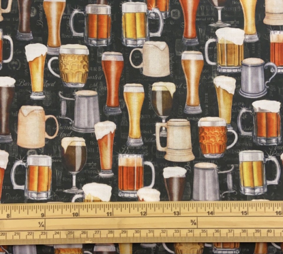 Fat Quarter On Tap Beer In Glasses On Dark Grey 100% Cotton Quilting Fabric