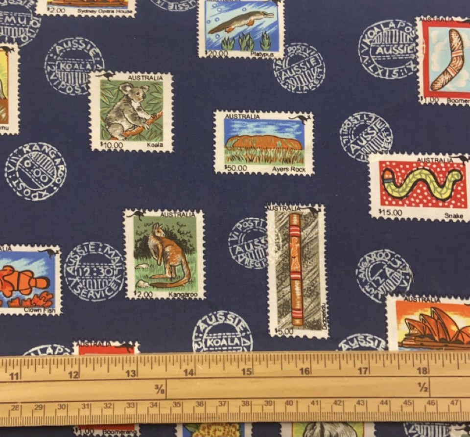 Fat Quarter Stamps Of Australia On Navy Blue 100% Cotton Quilting Fabric