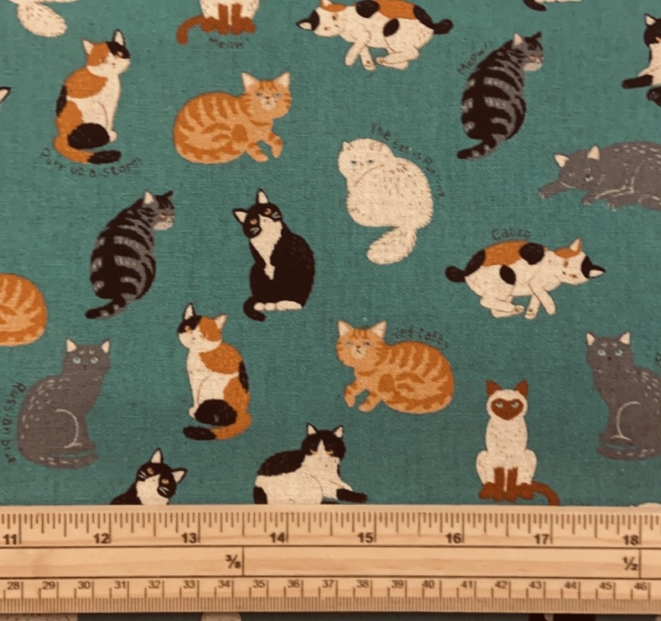 Fat Quarter Shimao Cats Allover On Teal Cotton Linen Fabric