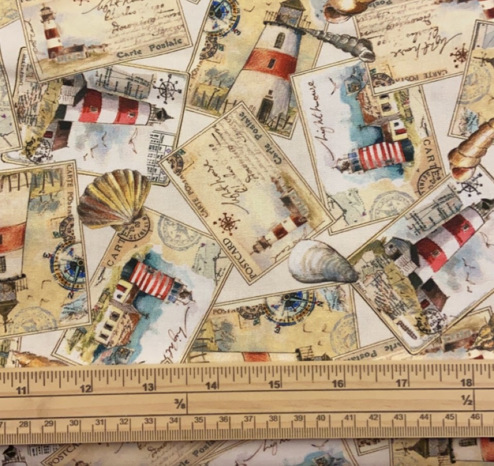Fat Quarter Ship Ahoy Light House Post Cards On White 100% Cotton Quilting Fabric