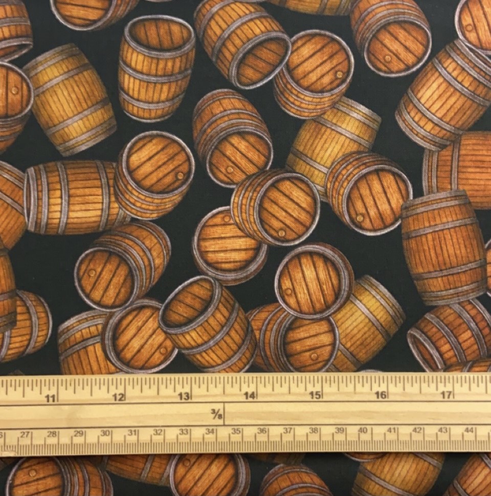Fat Quarter On Tap Beer Barrels On Black 100% Cotton Quilting Fabric
