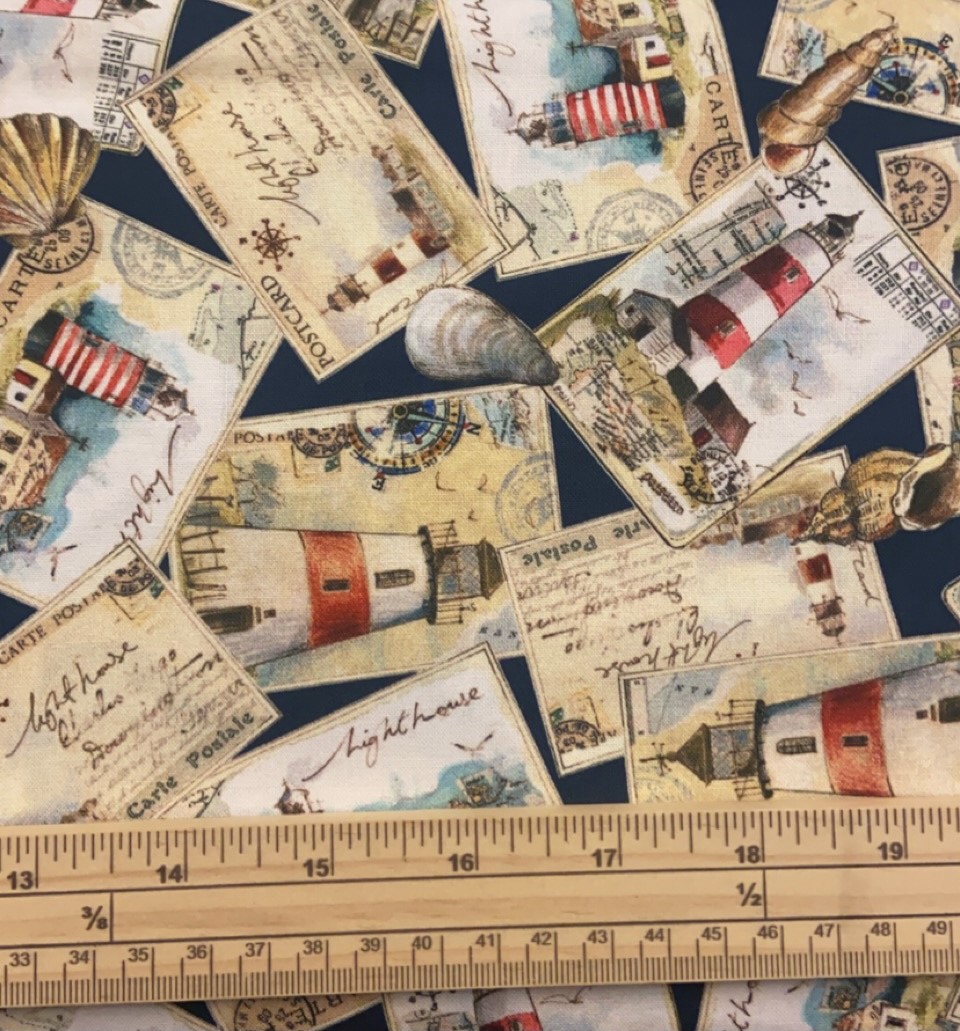 Fat Quarter Ship Ahoy Light House Post Cards On Navy 100% Cotton Quilting Fabric