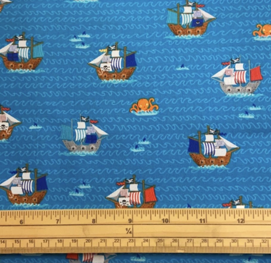 Fat Quarter Pirates Galleons Ships at Sea Dark Blue Allover Cotton Quilting Fabric