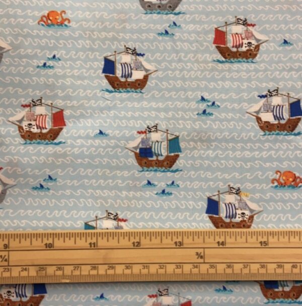 Fat Quarter Pirates Galleons Ships at Sea Light Blue Allover Cotton Quilting Fabric