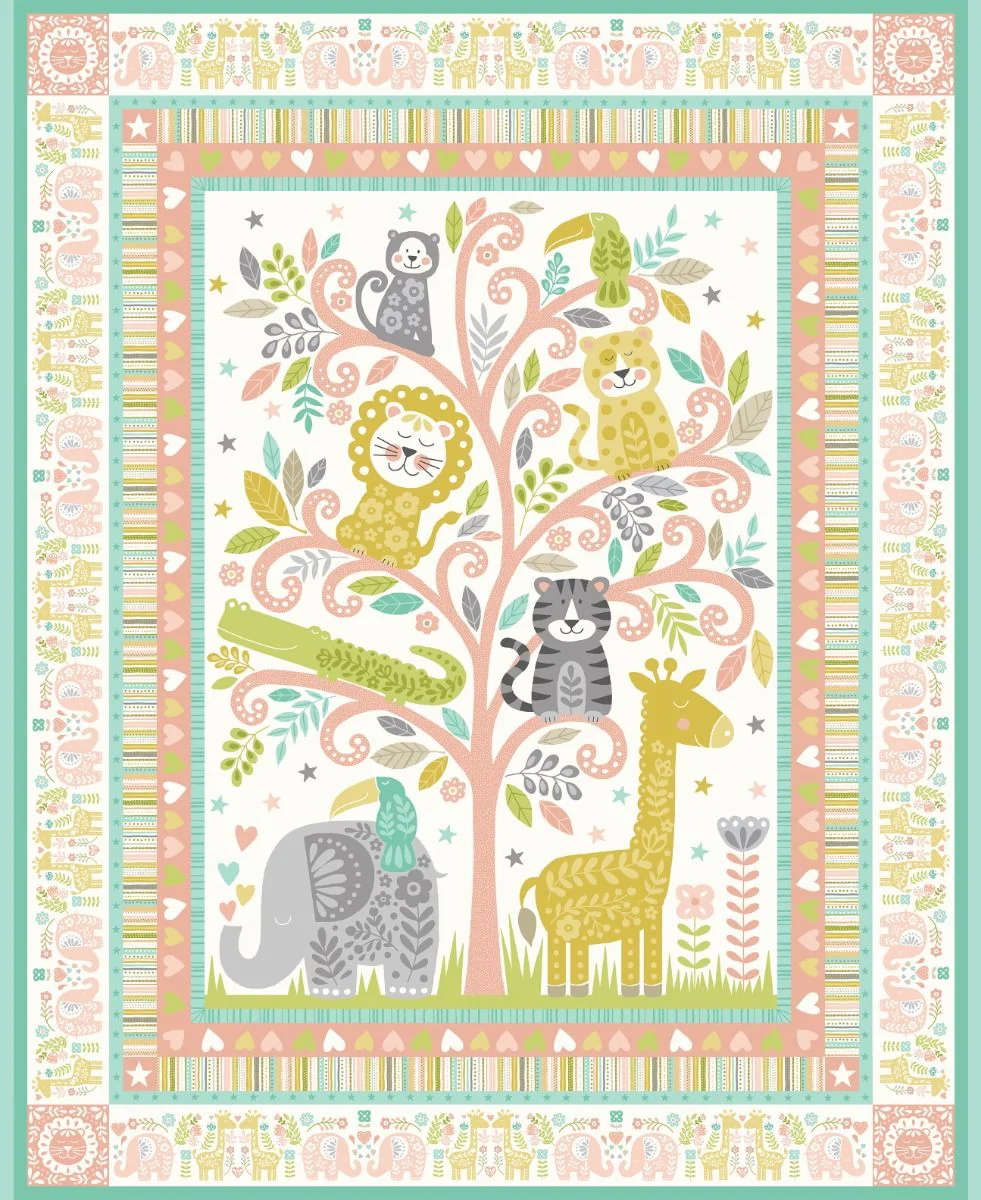 Baby Safari Animal Pink Panel 100% Cotton Print Fabric
