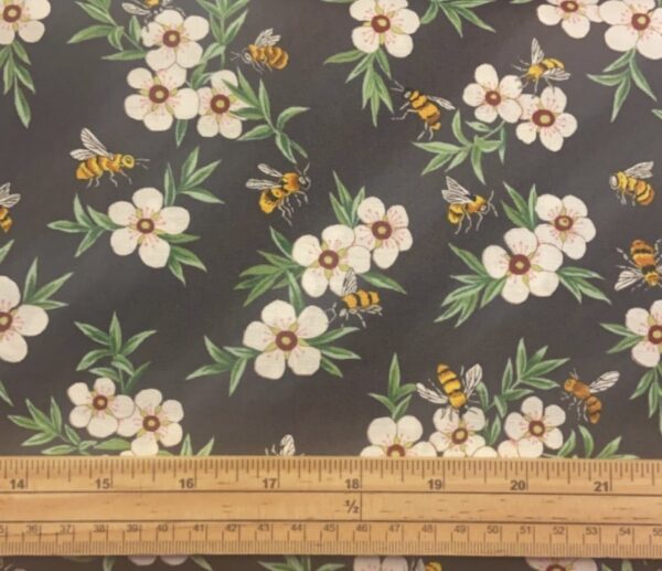 Fat Quarter Bee Haven Bees And Flowers On Dark Grey 100% Cotton Quilting Fabric