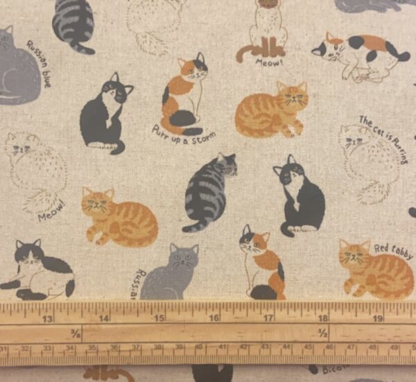 Fat Quarter Shimao Cats Allover On Plain Cream Cotton Linen Fabric