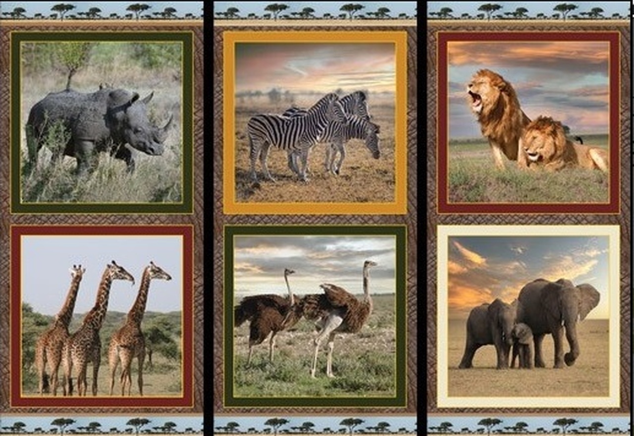 African Safari Animals Set Of 6 Cushion Panel 100% Cotton Print Fabric