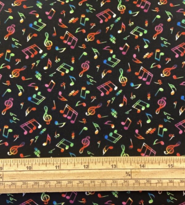 Fat Quarter Jazz Musical Notes Allover Rainbow On Black 100% Cotton Quilting Fabric