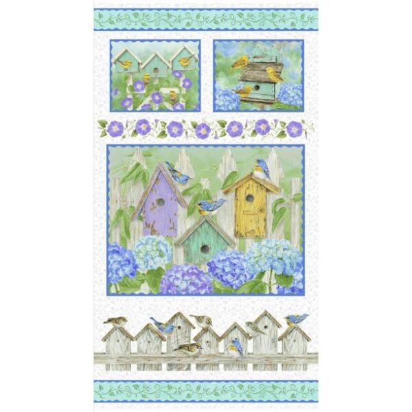 Hydrangea Birdsong Birds And Flower House Panel 100% Cotton Print Fabric