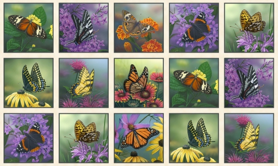 Butterfly Meadow Floral Block Panel Cream 100% Cotton Print Fabric