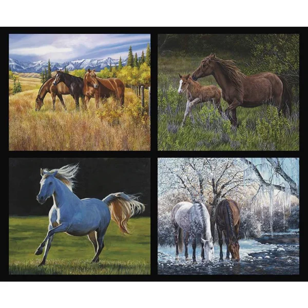 High Horses Set 4 Cushion Panels Panel 100% Cotton Print Fabric