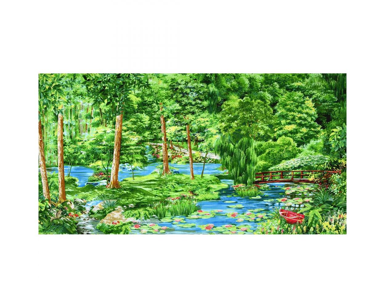 Summer Day Wood Lake Scene Panel 100% Cotton Quilting Fabric