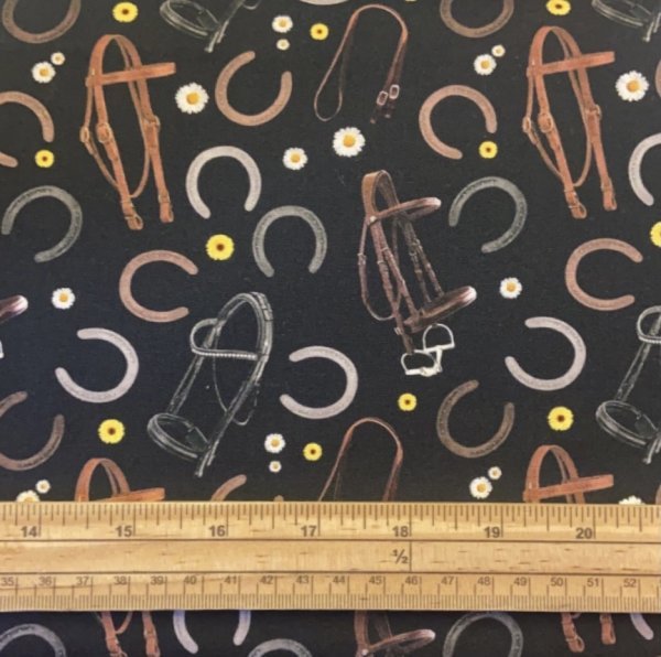 Fat Quarter Heavy Horses Tack Horse Hooves Black 100% Cotton Quilting Fabric