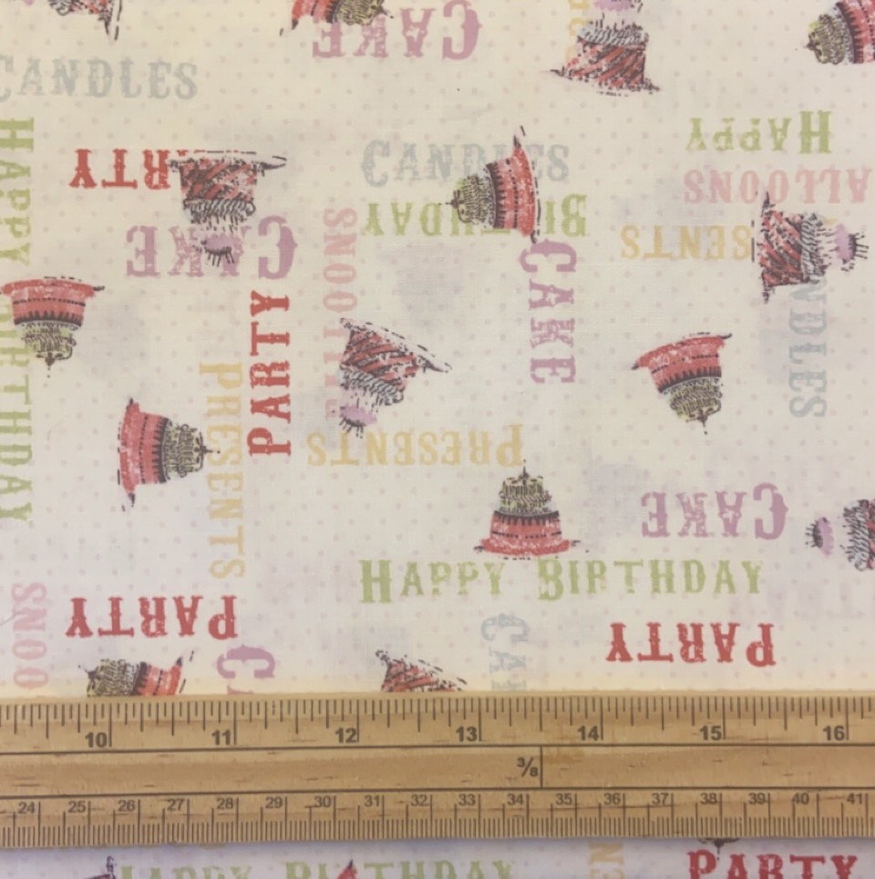 Fat Quarter Hullabaloo Happy Birthday Party Cake Words Allover 100% Cotton Quilting Fabric