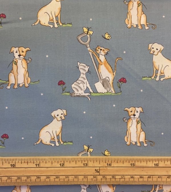 Fat Quarter Pets Cats And Dogs In The Garden Blue 100% Cotton Quilting Fabric