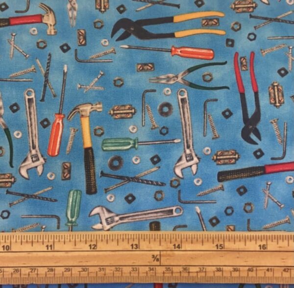 Fat Quarter Man Cave Tool Toss On Blue 100% Cotton Fabric