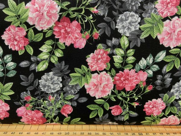 Fat Quarter Pearl Ballet Ballerina Flowers Black 100% Cotton Quilting Fabric