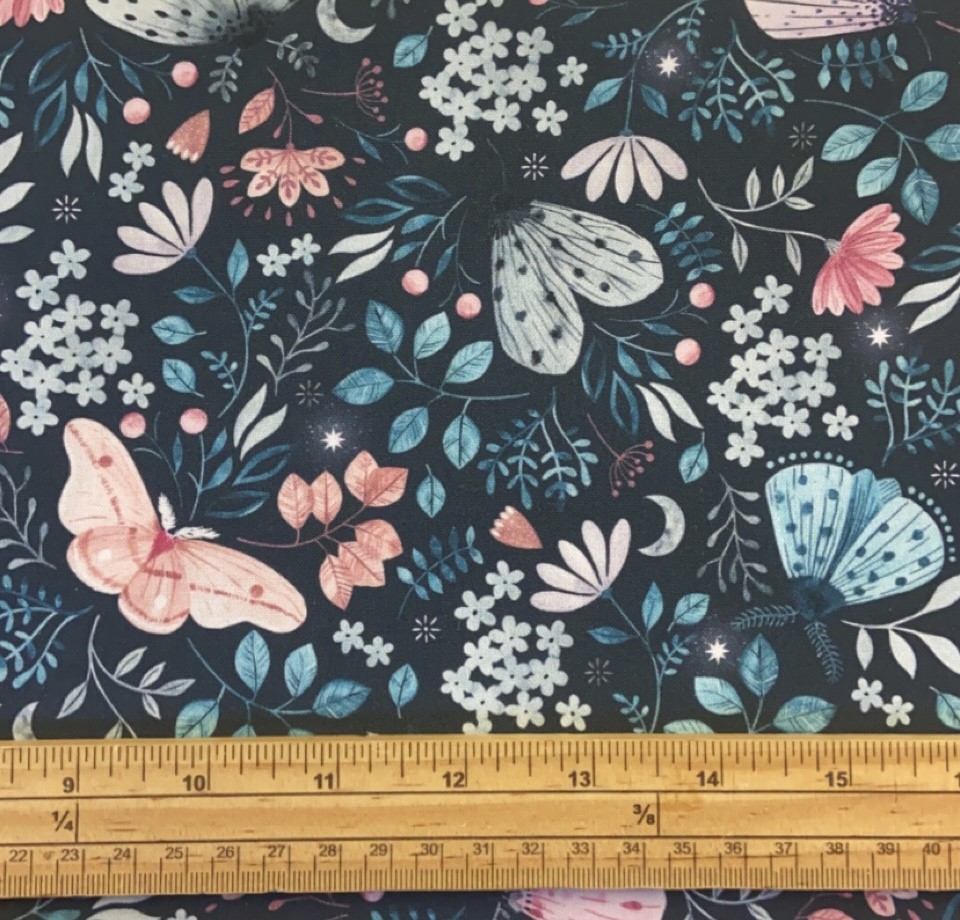 Fat Quarter Nightfall Flowers, Moths and Butterfly Floral 100% Cotton Fabric