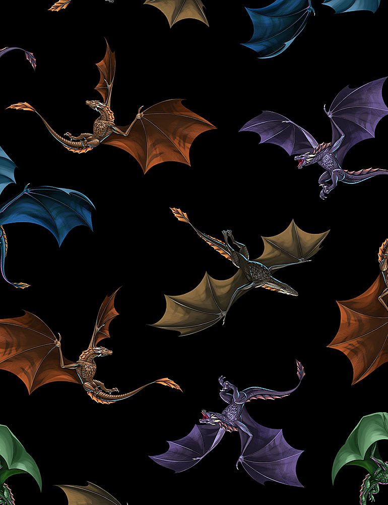 Fat Quarter Dragon Repeat Dragons On Black Allover 100% Cotton Quilting Fabric