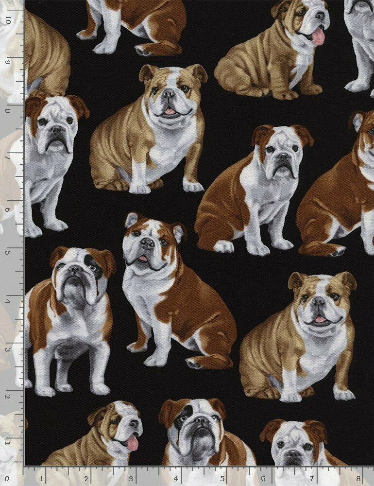 Fat Quarter Bulldog Dogs On Black 100% Cotton Quilting Fabric