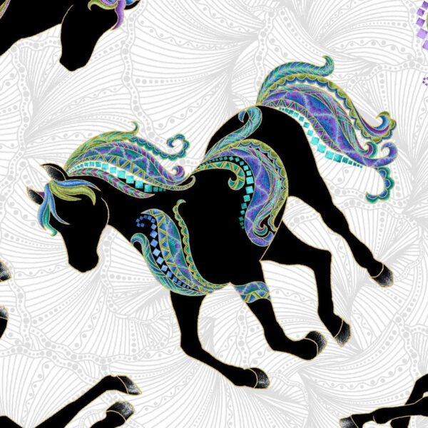 Fat Quarter 'Horsen Around' Metallic Horse Silhouette 100% Cotton Fabric - White