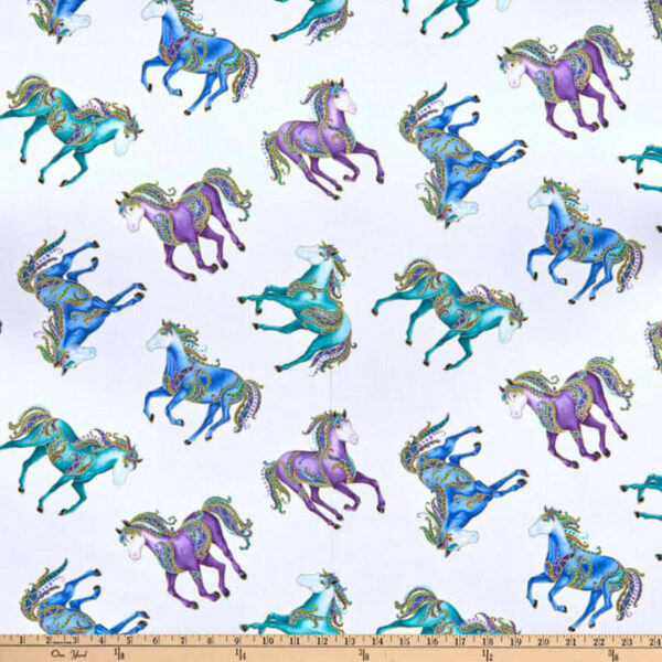 Fat Quarter 'Horsen Around' Metallic Reigning Horses 100% Cotton Fabric - White - Image 2