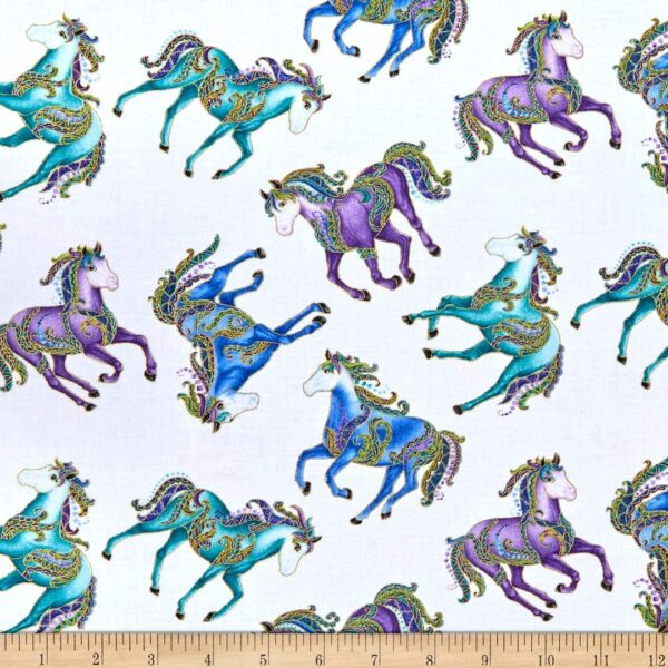 Fat Quarter 'Horsen Around' Metallic Reigning Horses 100% Cotton Fabric - White - Image 3