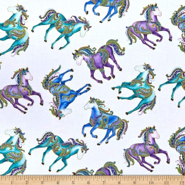 Fat Quarter 'Horsen Around' Metallic Reigning Horses (Small) Cotton Fabric-White - Image 3