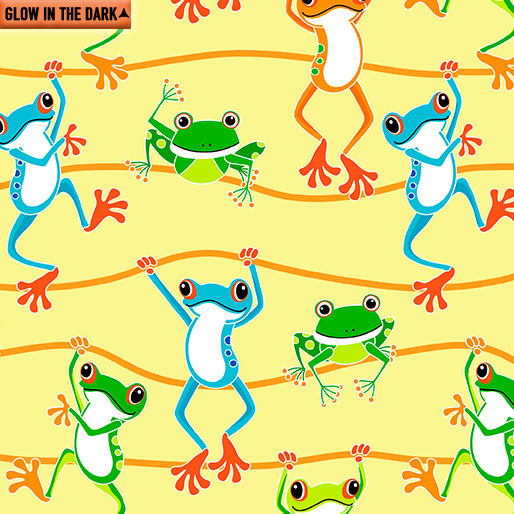 Fat Quarter Glow In The Dark Frogs Yellow Hanging 100% Cotton Quilting Fabric