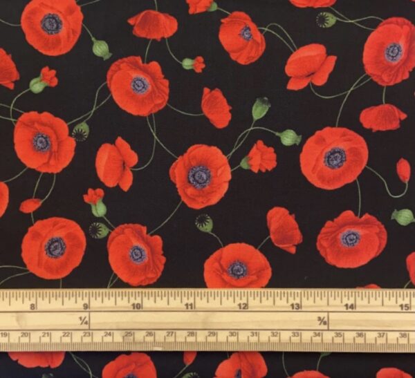 Fat Quarter Wild Poppy Red On Black 100% Cotton Quilting Fabric