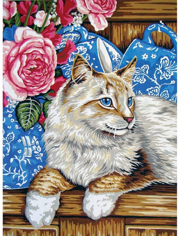 Cat on Shelf Flowers Tapestry Canvas - Collection D'Art