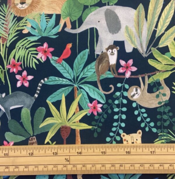 Fat Quarter Jungle Wildlife Cartoon On Navy 100% Cotton Quilting Fabric