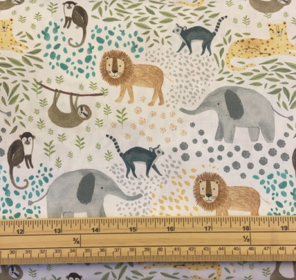 Fat Quarter Jungle Wildlife Cartoon On White 100% Cotton Quilting Fabric