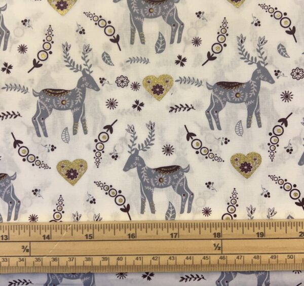 Fat Quarter Metallic Scandinavian Christmas Reindeer White 100% Cotton Fabric
