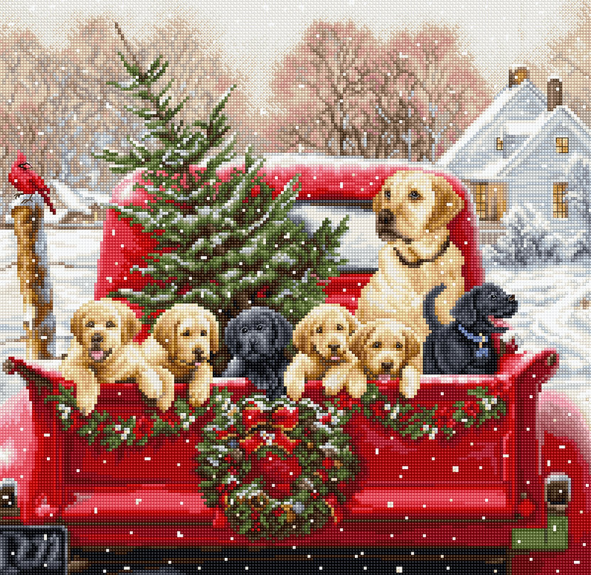 Labrador Puppies Dogs in Truck Christmas Holiday Counted Cross Stitch Kit