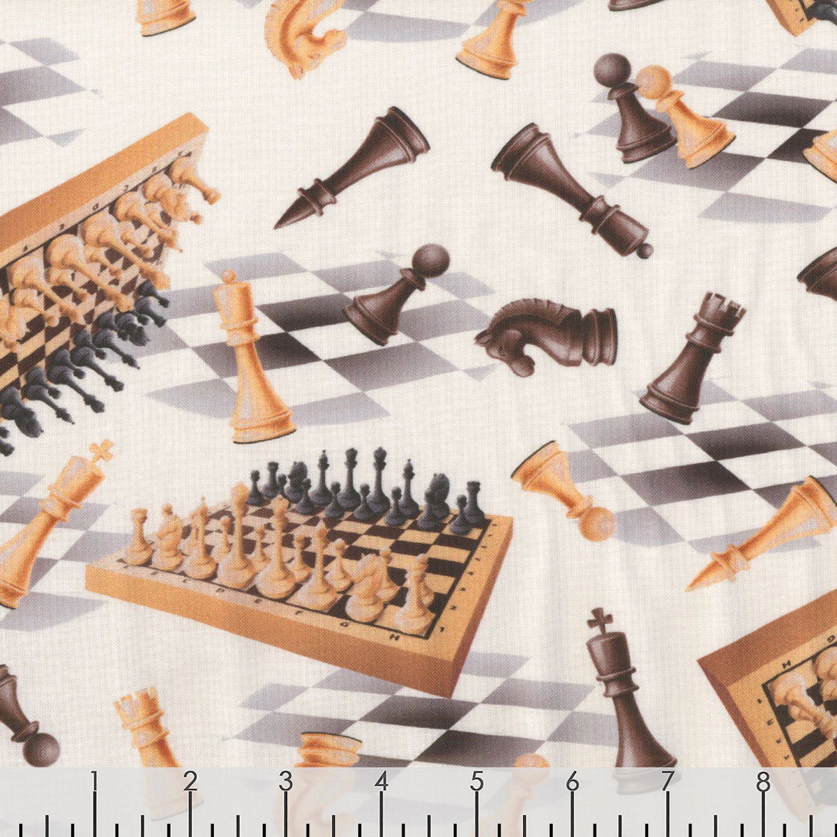 Fat Quarter Checkmate Chess Pieces And Boards On White 100% Cotton Quilting Fabric