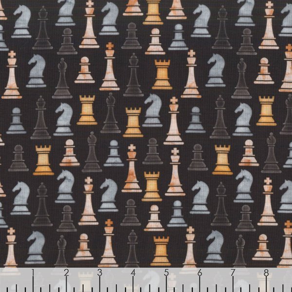 Fat Quarter Checkmate Chess Pieces On Black 100% Cotton Quilting Fabric