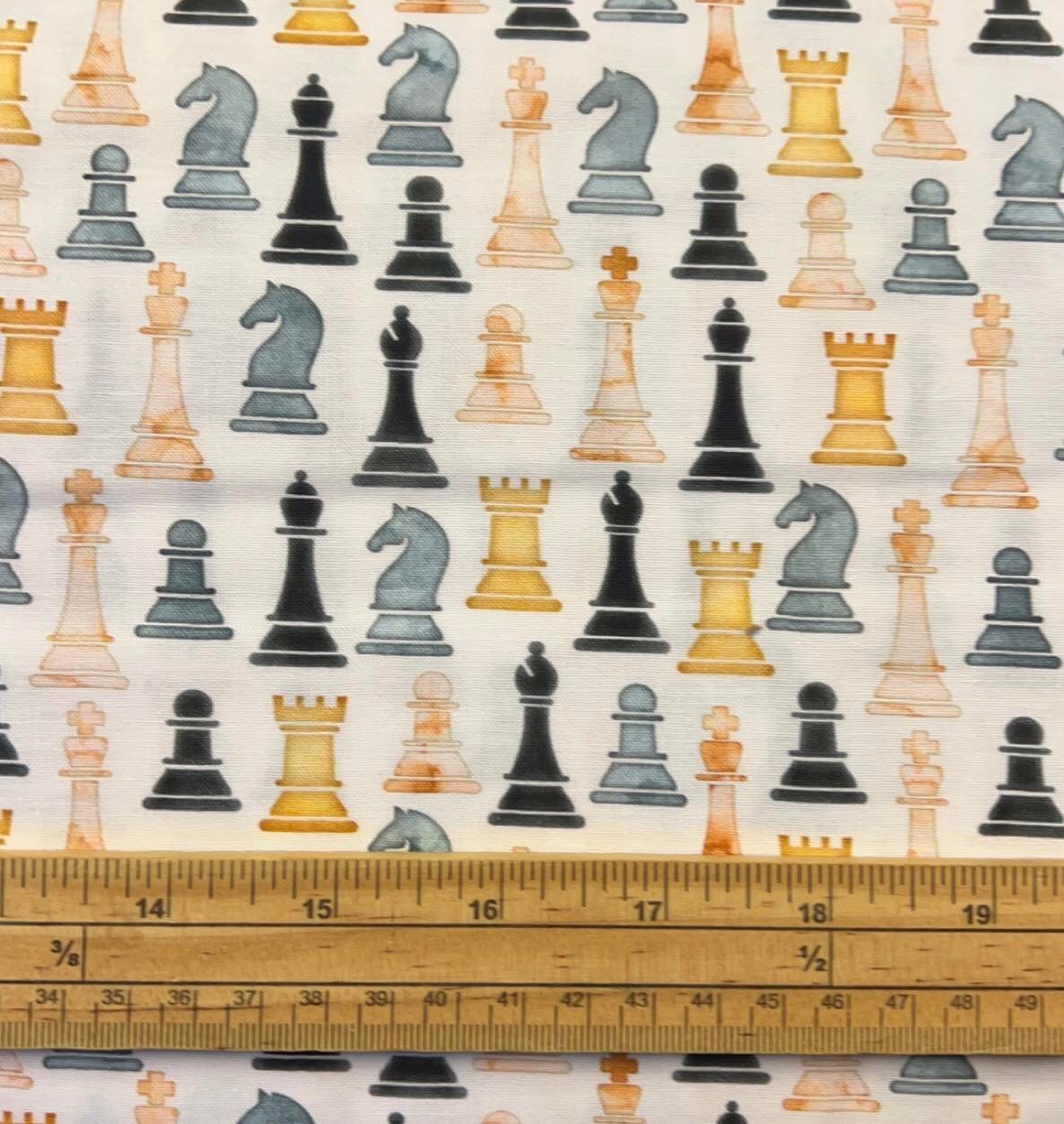 Fat Quarter Checkmate Chess Pieces On White 100% Cotton Quilting Fabric
