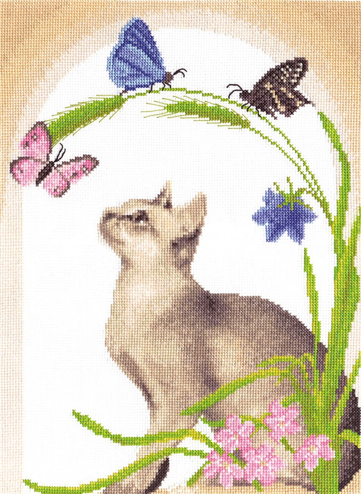 Cat and Butterflies Counted Cross Stitch Kit