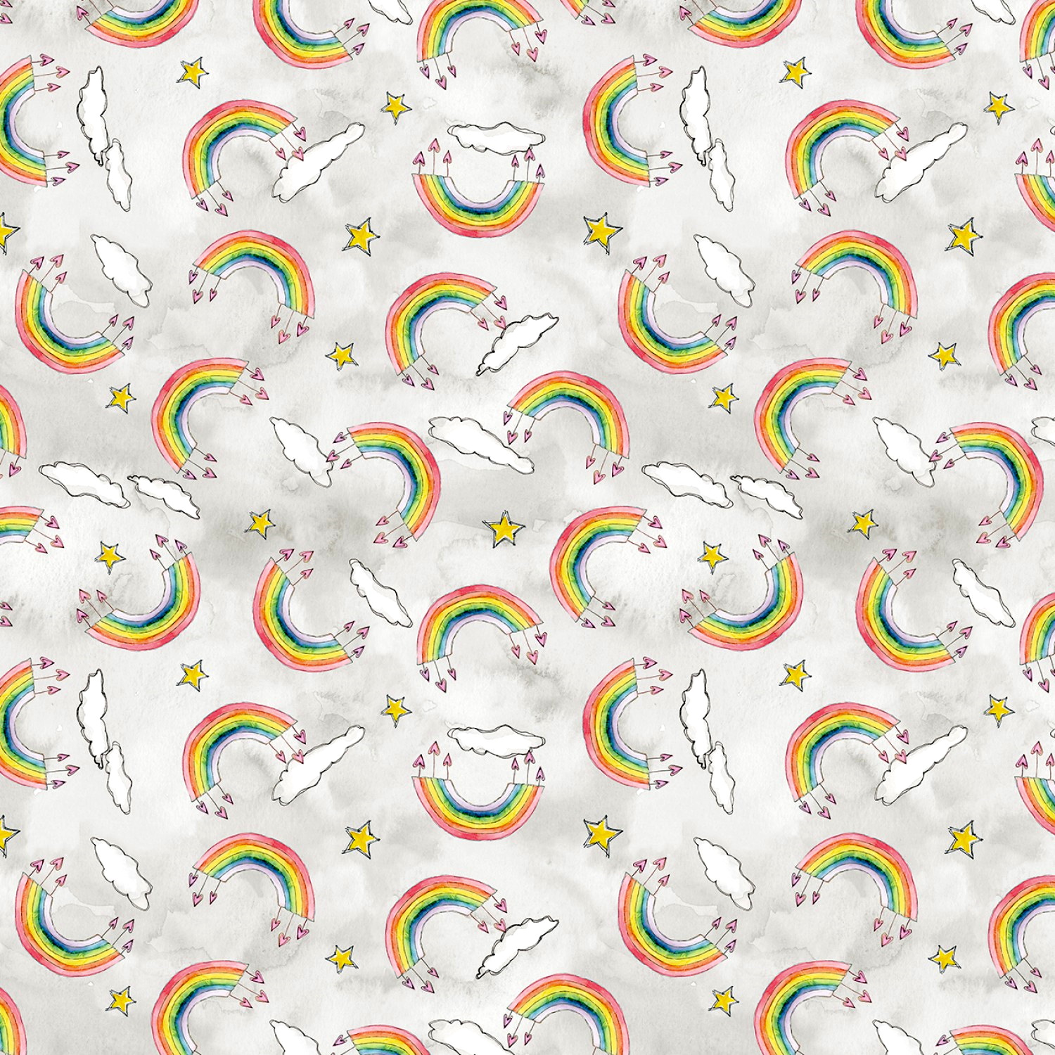 Fat Quarter Sweet World Rainbows and Clouds on Grey 100% Cotton Quilting Fabric