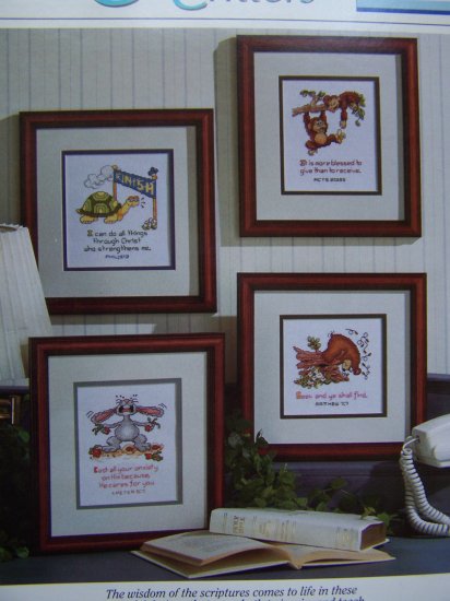 Christian Critters Cross Stitch Chart - 4 Designs - Inspirational Bible Verses