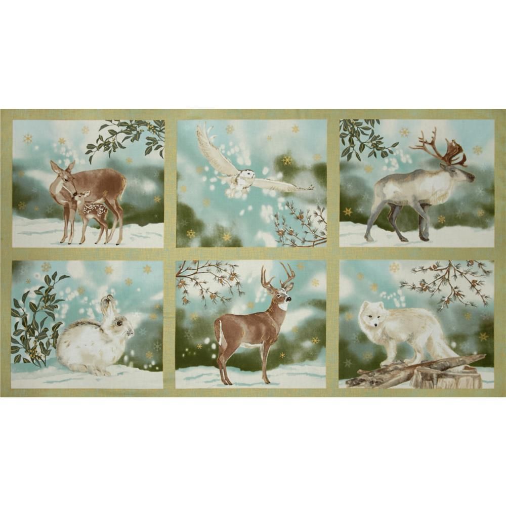 Winter White Animals 100% Cotton Fabric Panel Deer, Fox, Owl, Rabbit